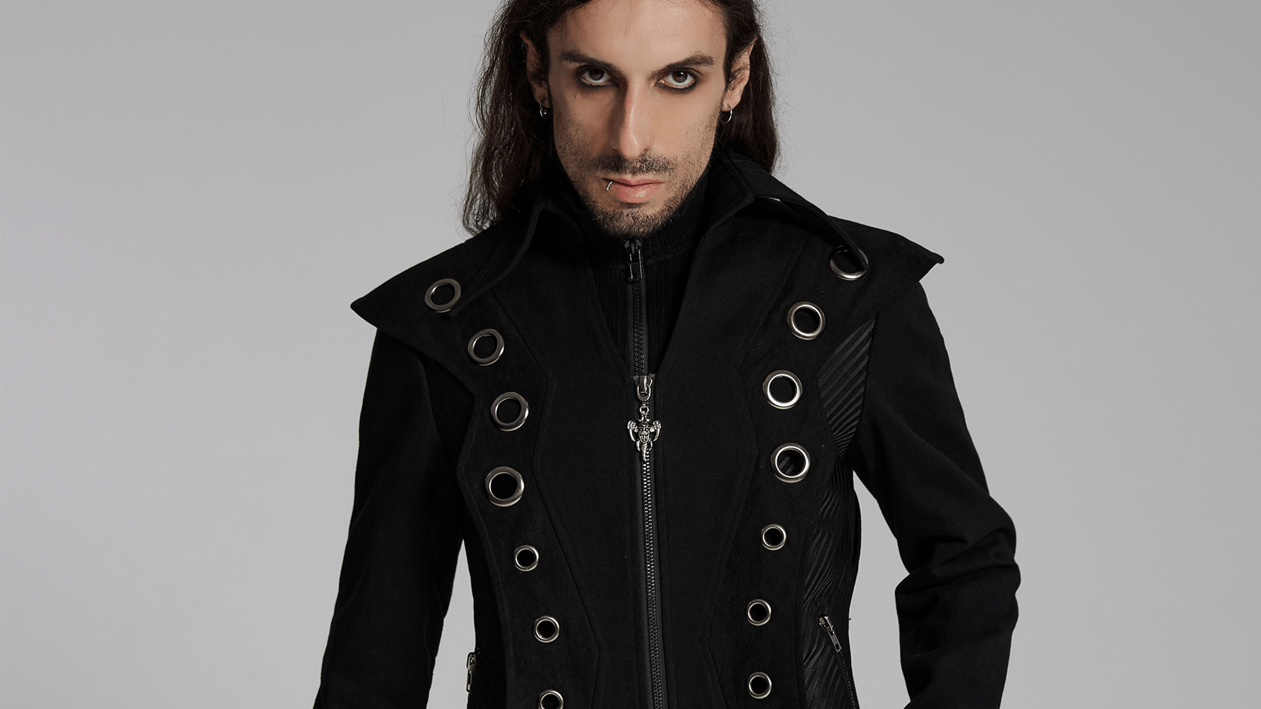 Men’s punk long coat featuring bold metal details, structured design, and a stylish avant-garde look.