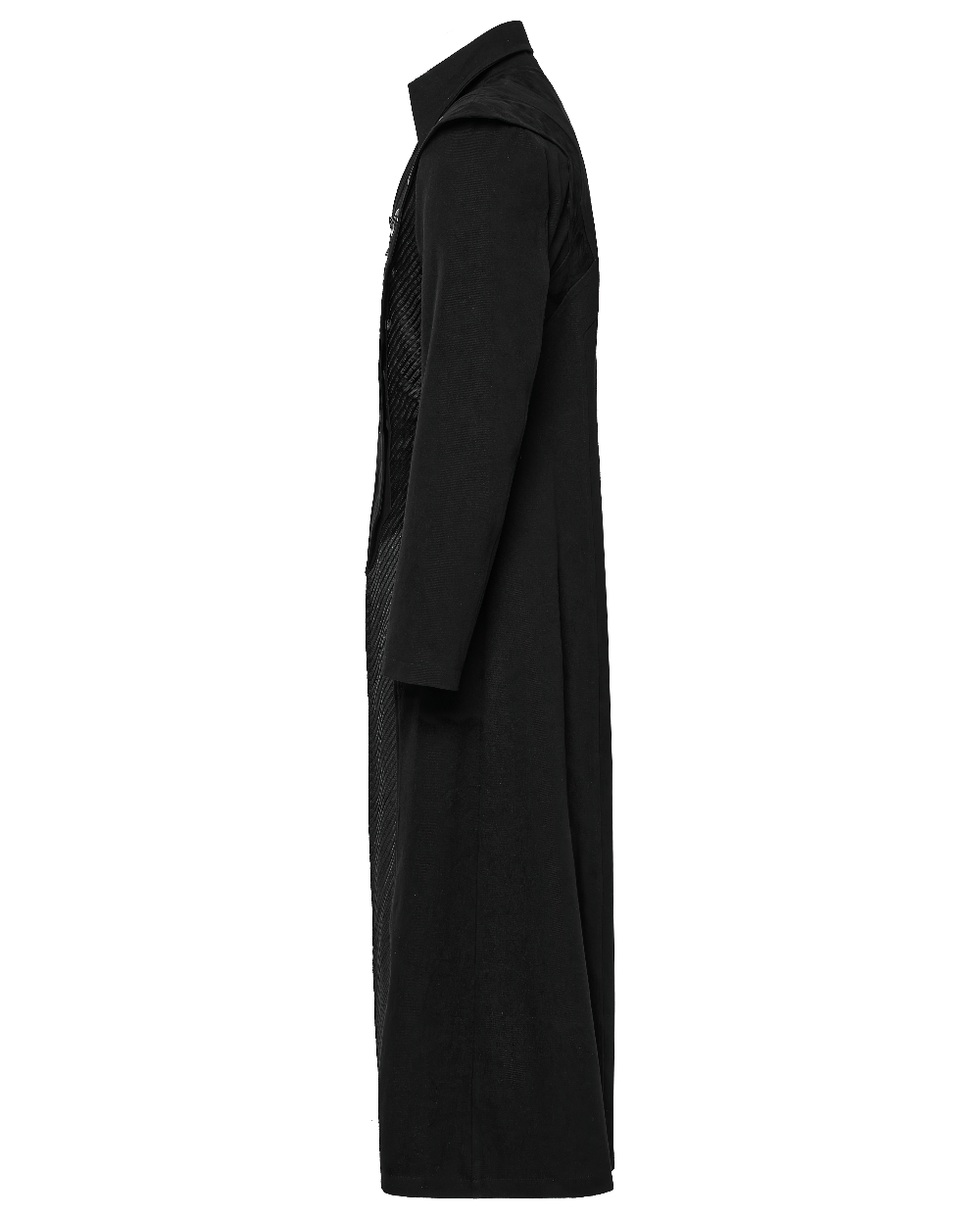 Side view of a men's punk long coat featuring metal and mesh details in elegant avant-garde style.