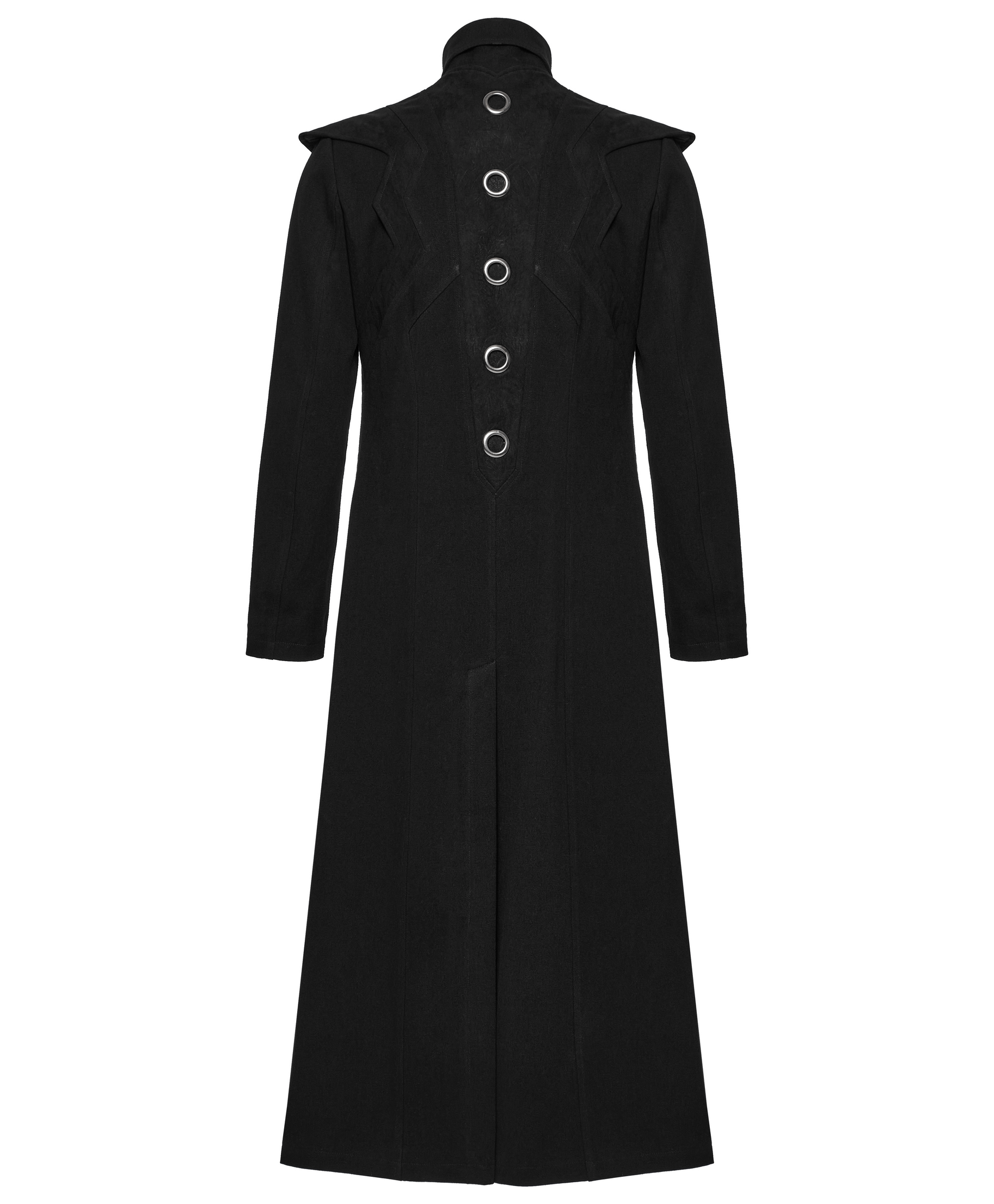 Black men's punk long coat with avant-garde design, featuring bold metal buttons and structured details.