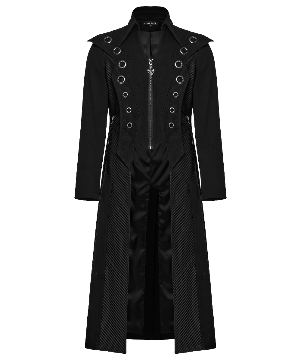 Men’s punk long coat with metal accents and diagonal striped mesh details for a bold avant-garde look.