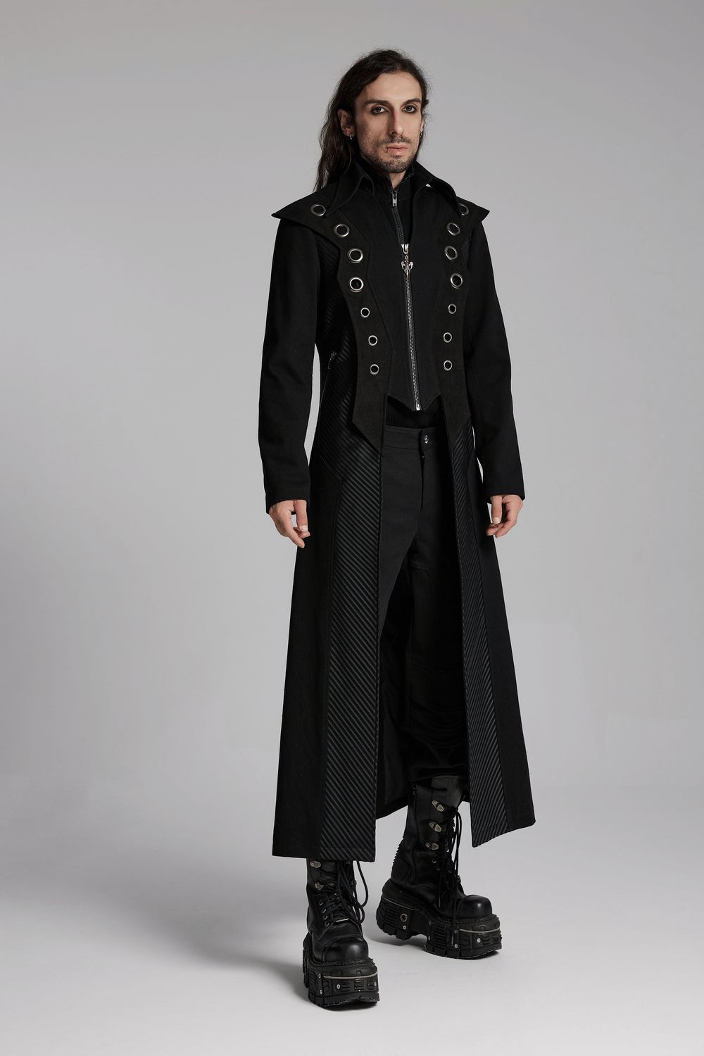 Men's punk long coat featuring metal accents and striped mesh details, perfect for an avant-garde style statement.