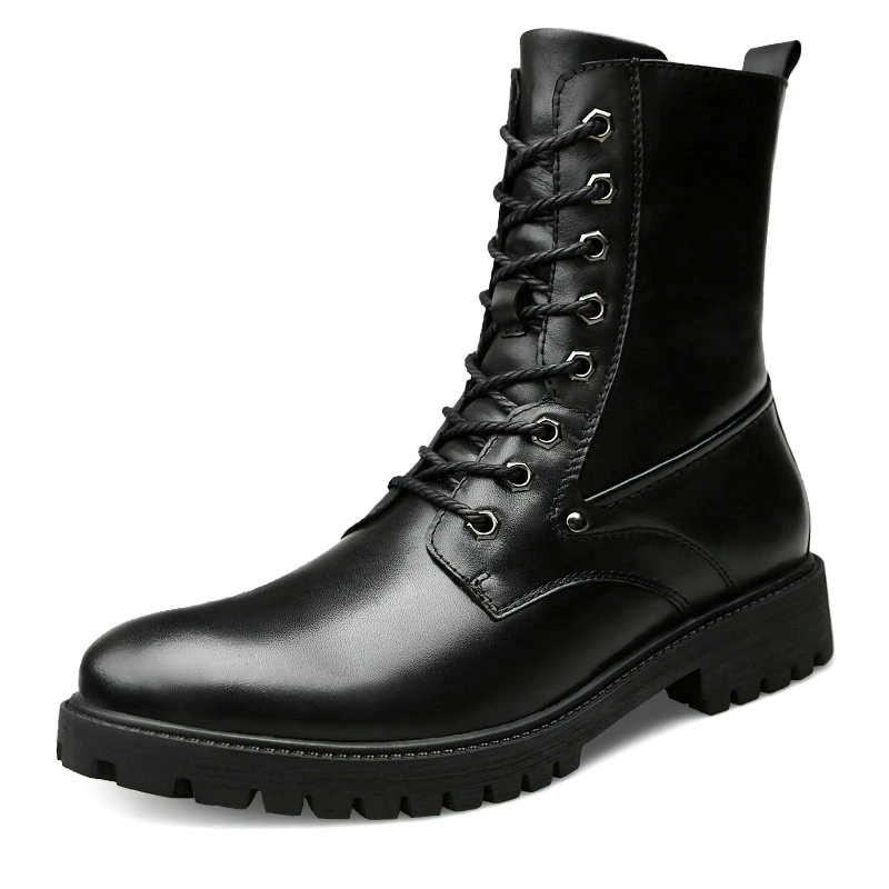 Men Stylish Genuine Leather Moto Boots / Black Outdoor Mid-Calf Footwear - HARD'N'HEAVY