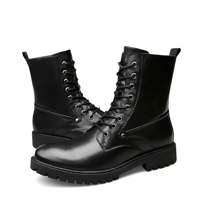 Men's black leather biker style moto boots with laces, genuine leather, mid-calf design, perfect for outdoor adventures.