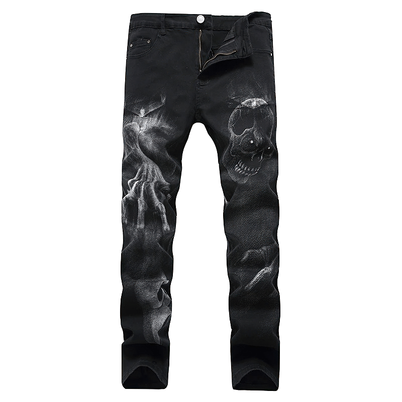 Men's black 3D printed jeans featuring a skull and ghost design, great for streetwear style.