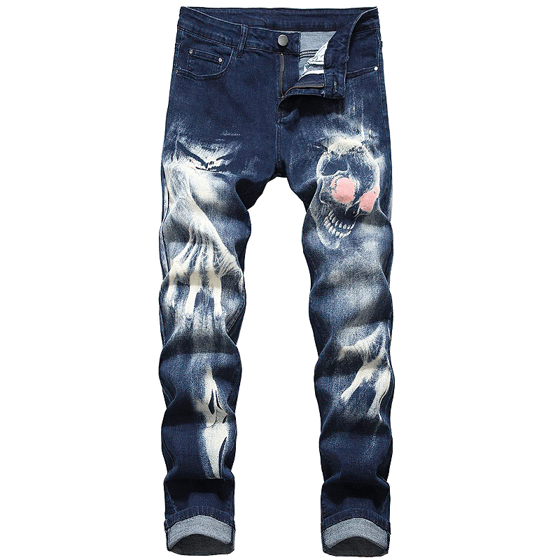 Men's 3D printed blue denim jeans featuring skull devil's print, stylish streetwear with pockets.