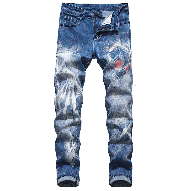 Men's blue 3D printed jeans with skull design and ghost print, stylish denim streetwear pants.