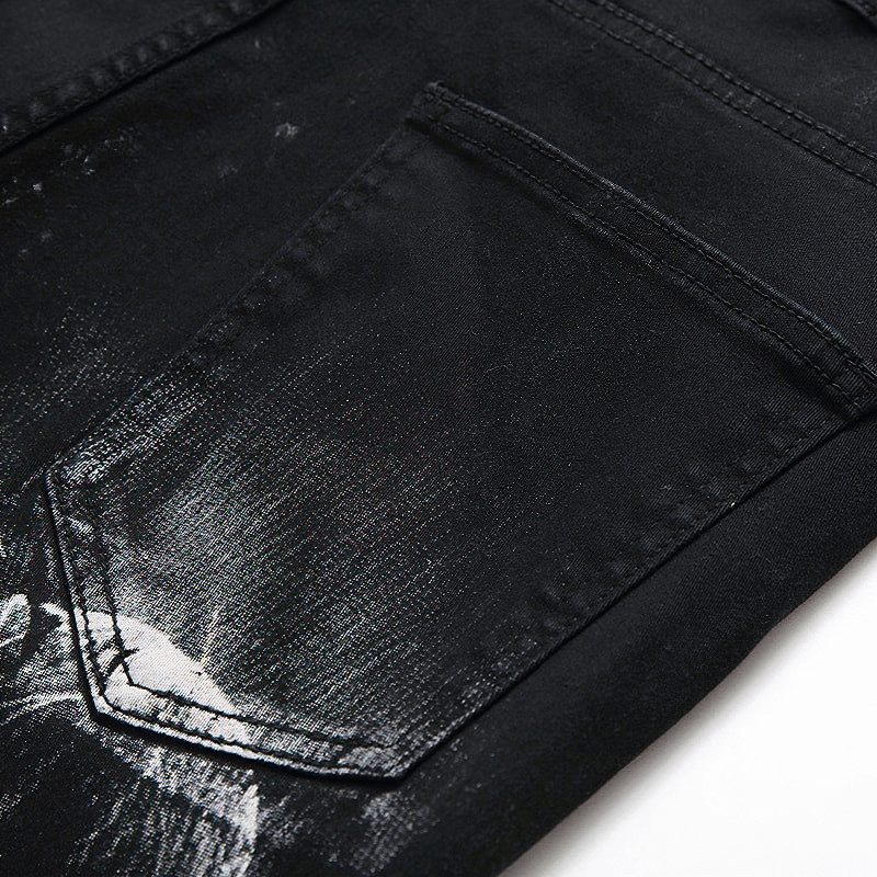 Close-up of men's 3D printed jeans featuring a dark ghost print on black denim with a back pocket detail.