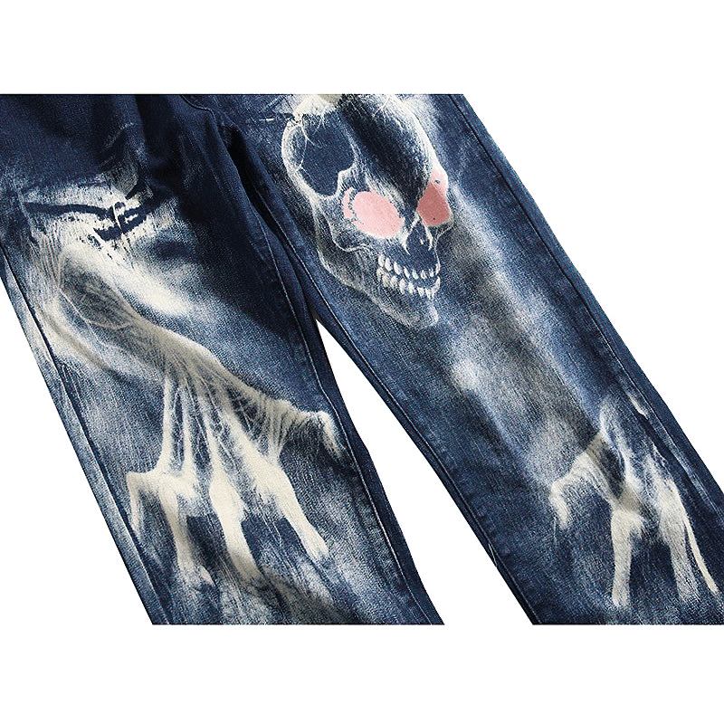 Men's dark blue 3D printed jeans featuring a striking skull and ghost design, perfect for trendy streetwear.