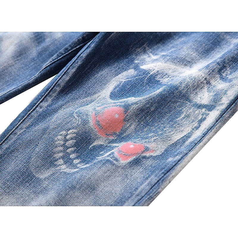 Men's 3D printed jeans featuring a skull design on blue denim, stylish streetwear for a bold look.