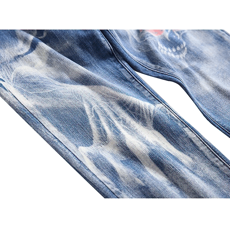 Men's 3D printed jeans in blue denim featuring a dark ghost print and stylish design for streetwear.
