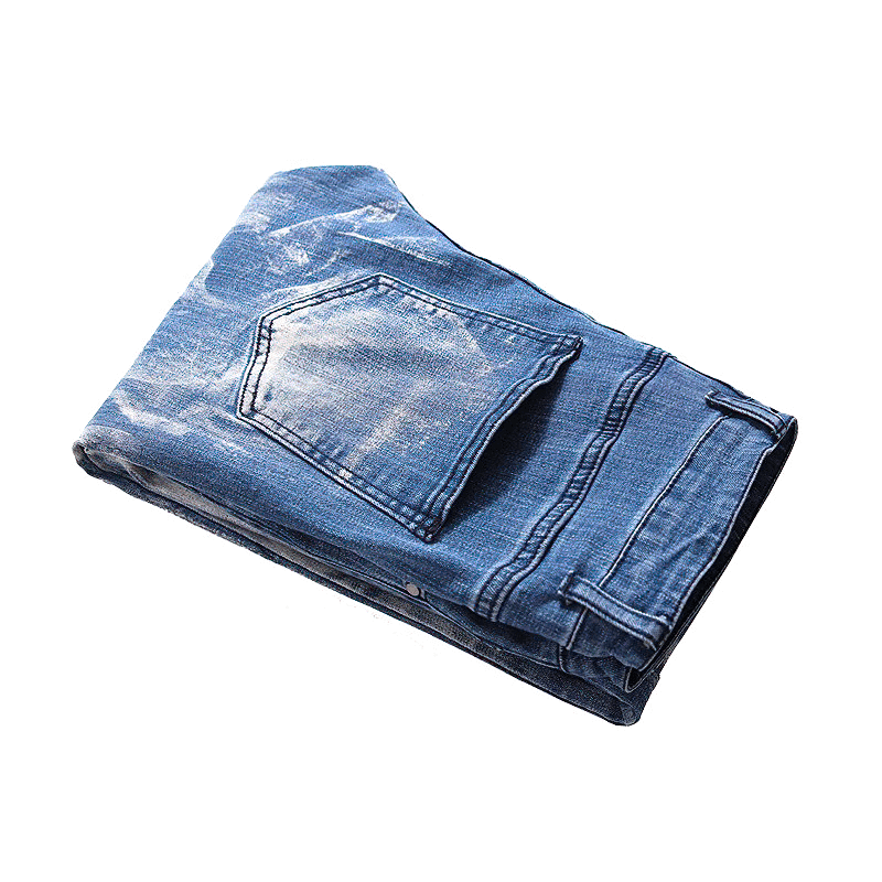 Men's blue denim jeans folded, featuring stylish design and quality fabric, perfect for streetwear.