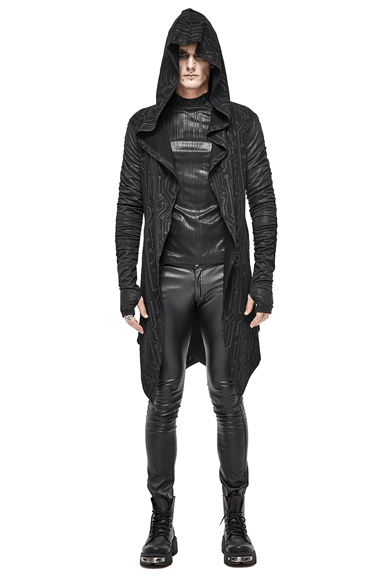 Men's black steampunk asymmetrical coat with hood, paired with sleek black pants for a cyberpunk look.