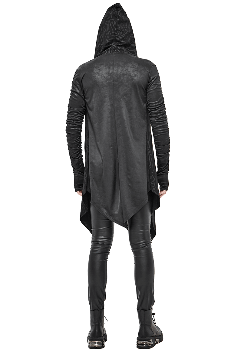Men's black asymmetrical steampunk coat with hood, showcasing gathered sleeves and a pointed hem design.
