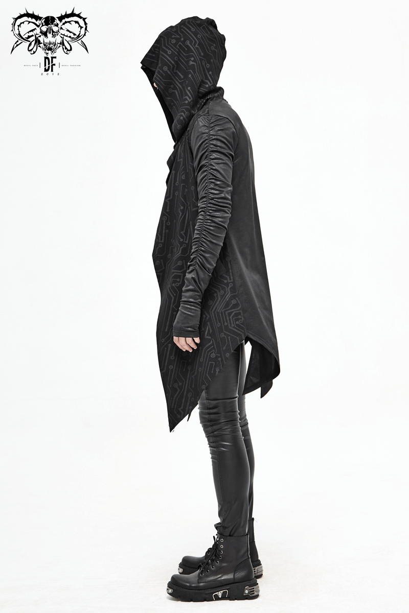 Side view of a men's black asymmetrical coat with a hood and gathered sleeves, showcasing a steampunk style.