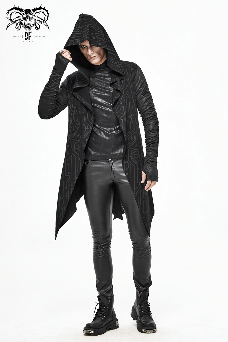 Men's black asymmetric coat with hood and fitted pants in steampunk cyberpunk style.