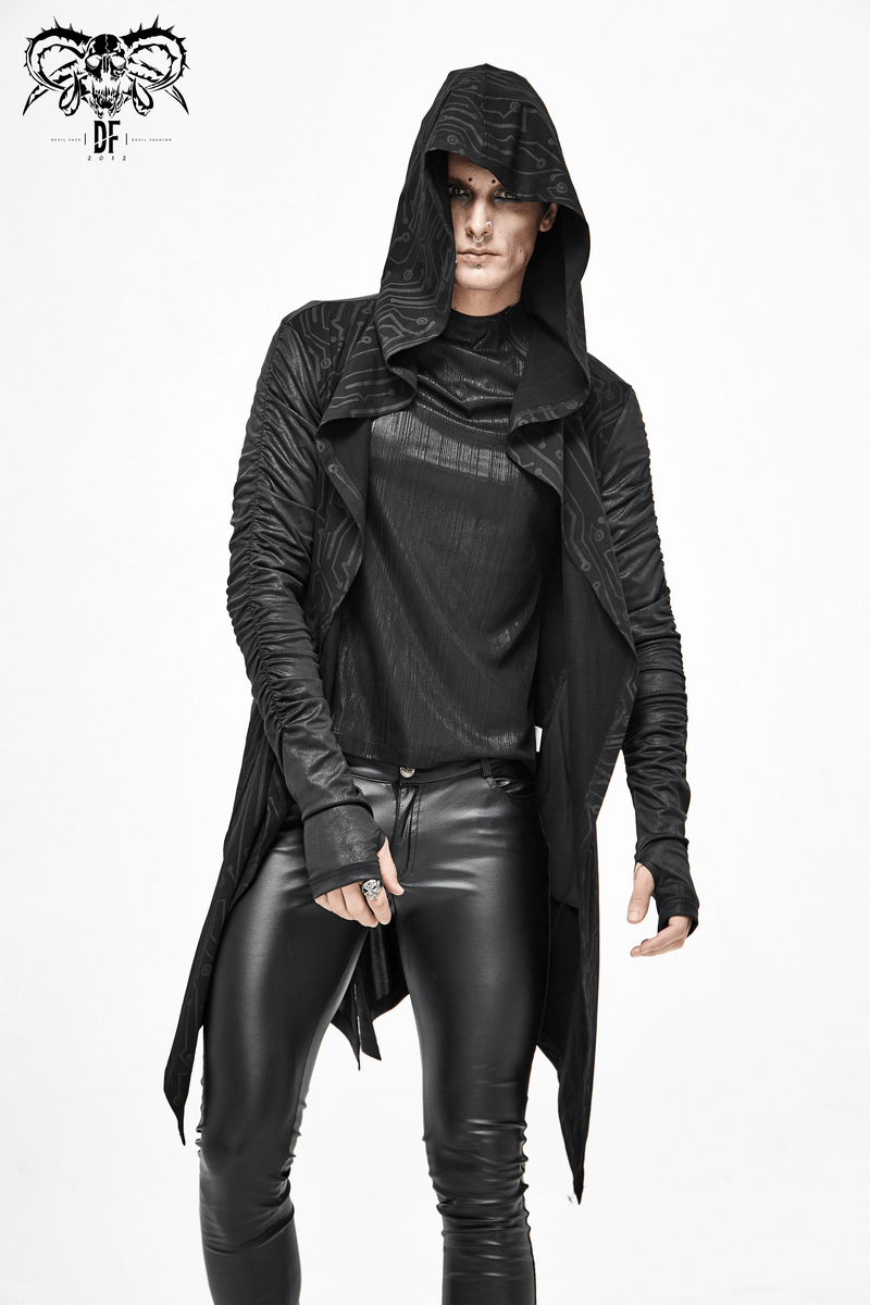 Men's black steampunk asymmetric coat with gathered sleeves and hood, showcasing a modern cyberpunk style.