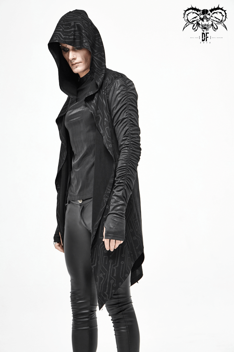 Men's black asymmetrical steampunk coat with gathered sleeves and hood, perfect for a cyberpunk look.