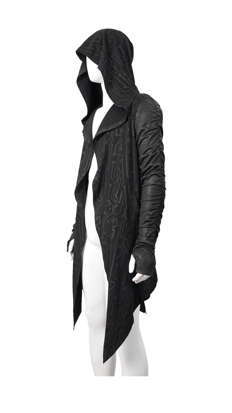Men's black asymmetric steampunk coat with gathered sleeves and hood, perfect for a cyberpunk style.