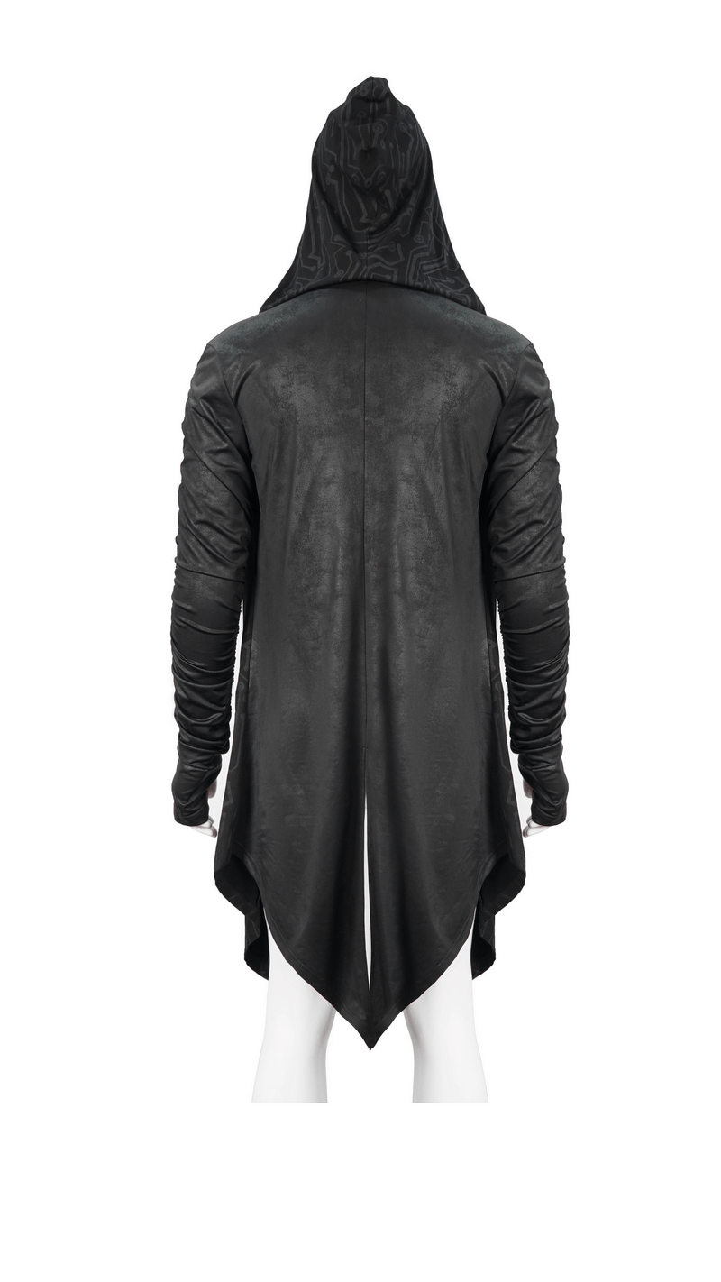 Men's black steampunk coat with gathered sleeves and hood, showcasing an asymmetrical and pointed hem design.