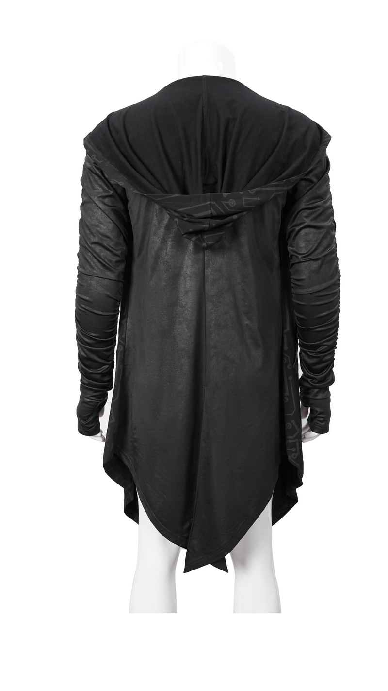 Back view of a men's black asymmetrical steampunk coat with gathered sleeves and hood.