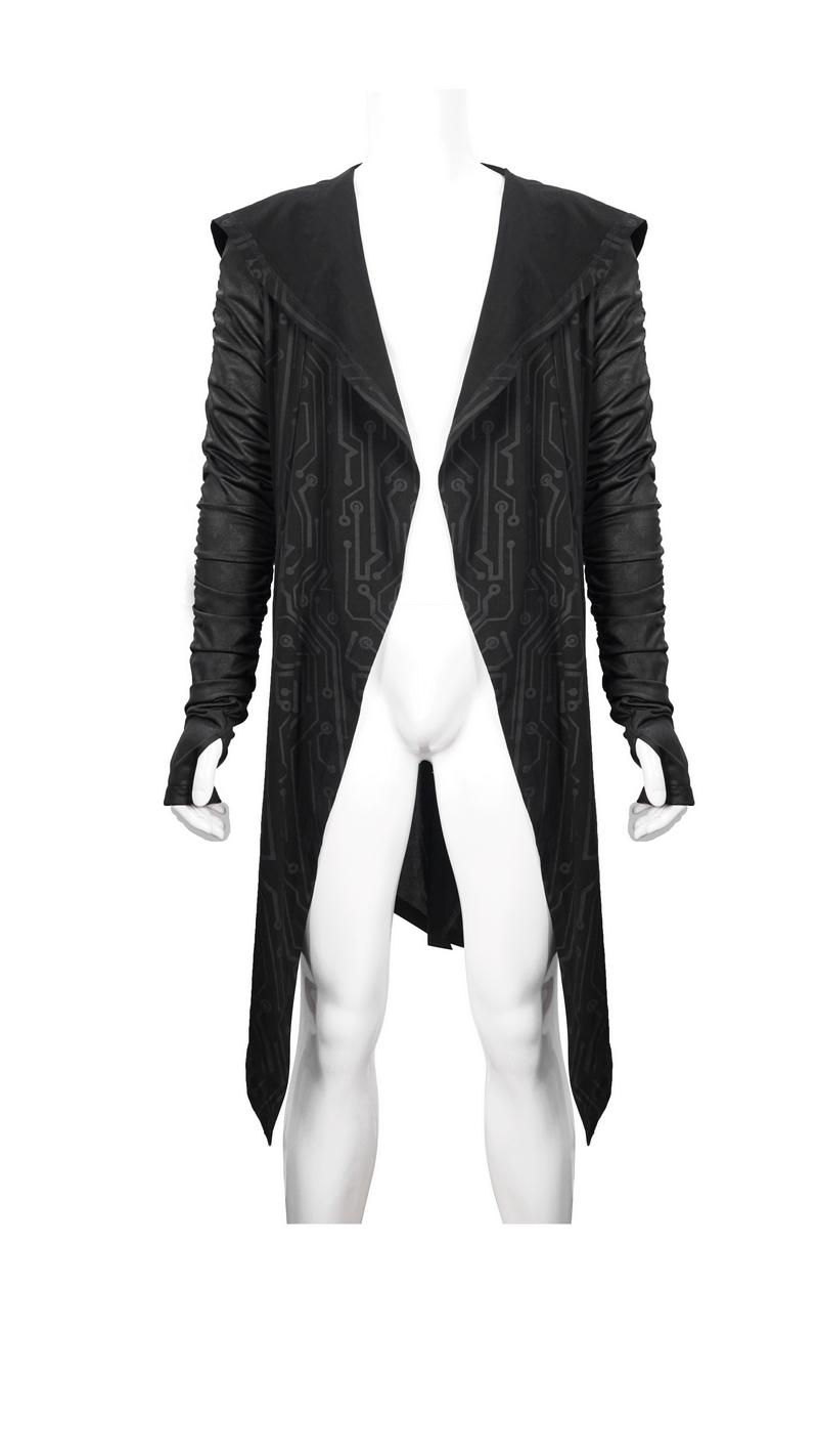 Men's black asymmetric coat with pointed hem and gathered sleeves in cyberpunk style.