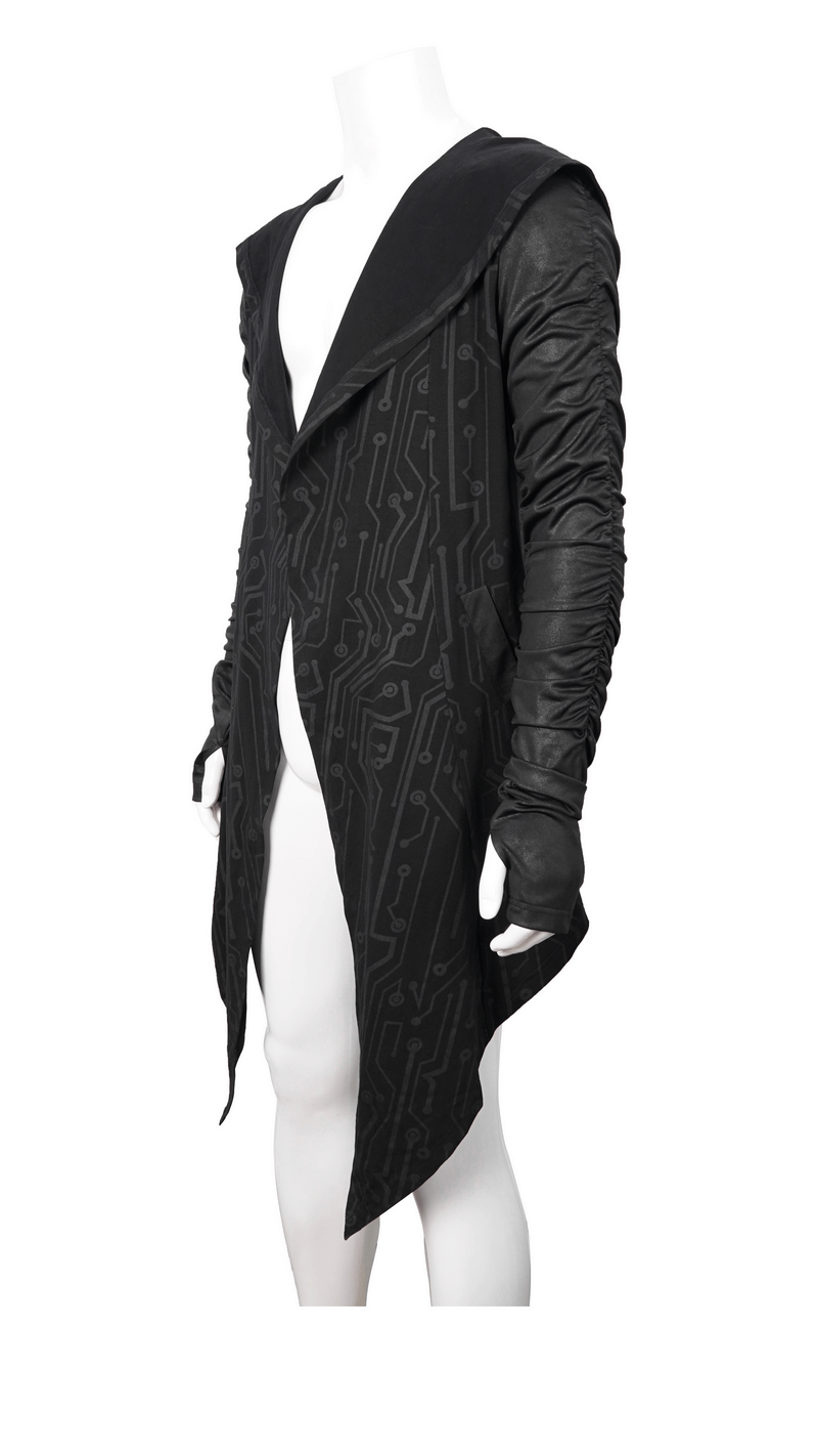 Men's black asymmetric coat with gathered sleeves, hood and steampunk style design.