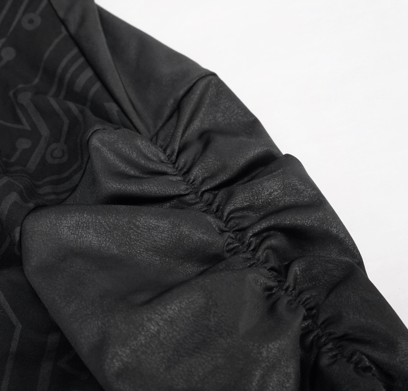 Close-up of gathered sleeve detail on a men's black steampunk coat showcasing its unique design.