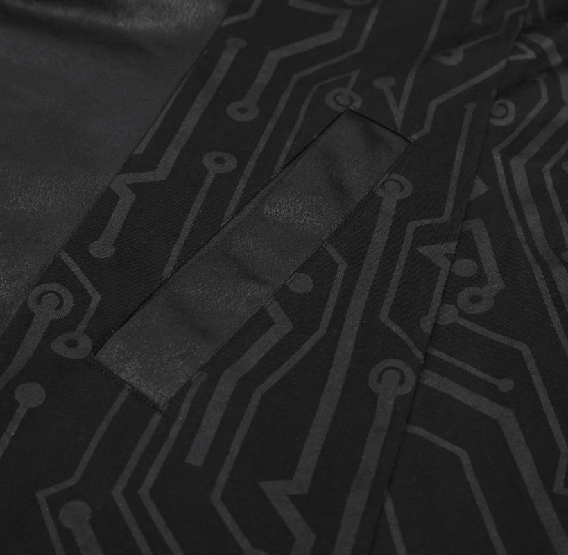 Close-up of black steampunk coat fabric with circuit pattern, showcasing modern cyberpunk design details.