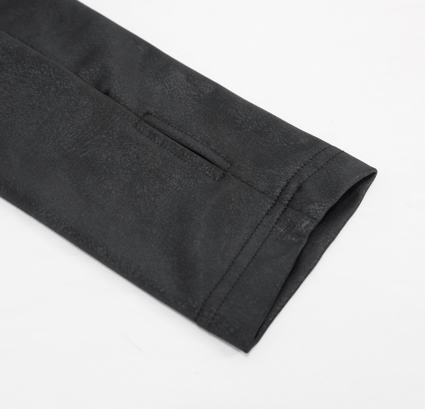 Close-up of the sleeve of a black men's asymmetrical coat featuring a sleek steampunk design.