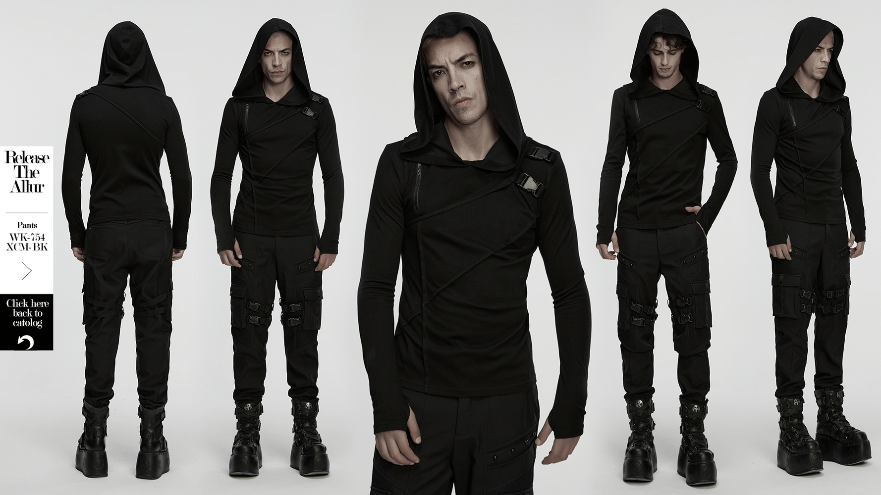 Men's Asymmetric Hoodie with Zipper and Buckle Details showcased in a cyberpunk-inspired design.