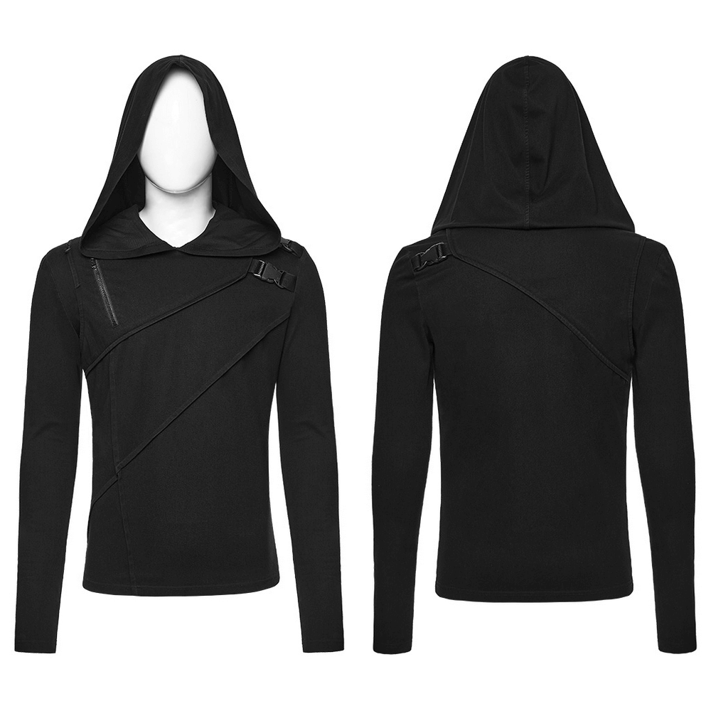 Men's Asymmetric Hoodie with Zipper and Buckle Details in sleek black with a unique hood design.