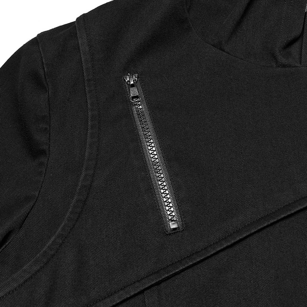 Men's Asymmetric Hoodie with Zipper and Buckle Details showcasing decorative zipper on sleek black fabric.