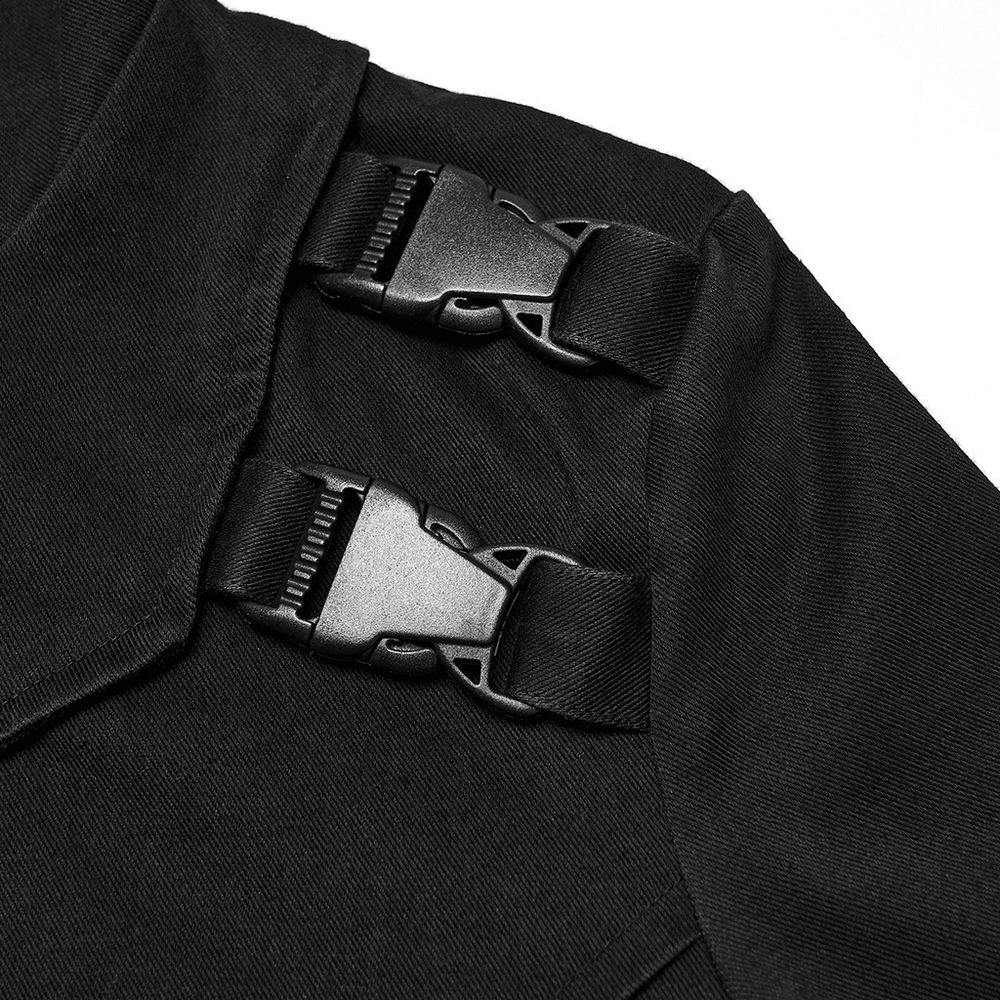 Men's Asymmetric Hoodie with Zipper and Buckle Details showing buckle fastenings on a black fabric.