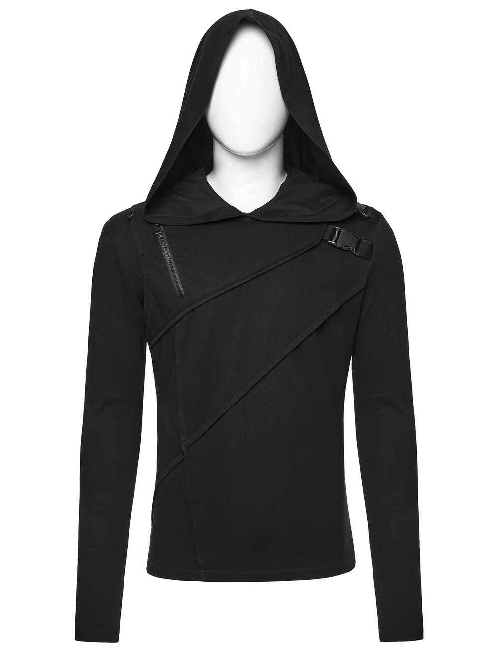 Men's Asymmetric Hoodie with Zipper and Buckle Details showcasing a bold cyberpunk style and unique design.