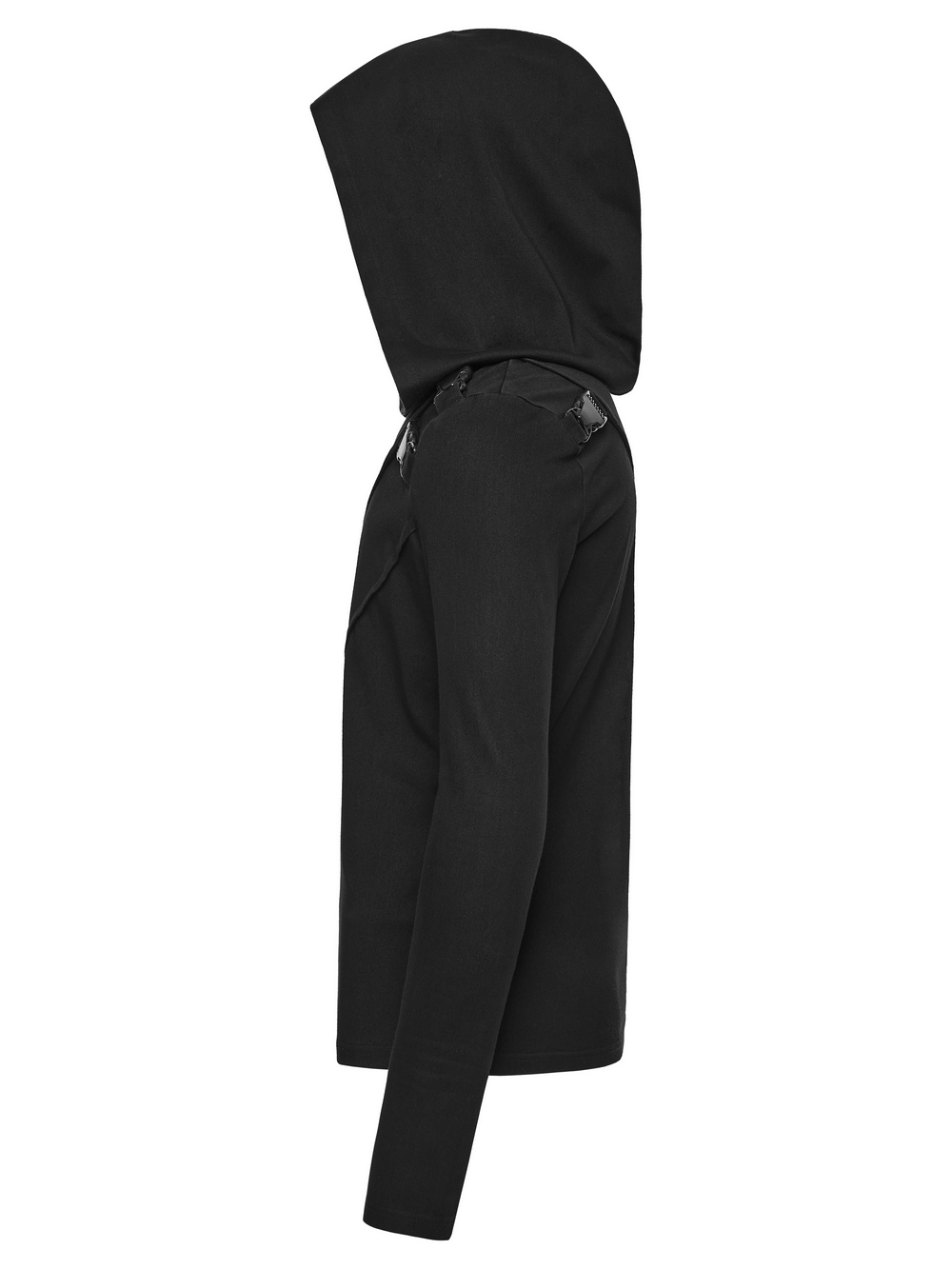 Men's Asymmetric Hoodie with Zipper and Buckle Details showcasing a sleek side view and unique hood.