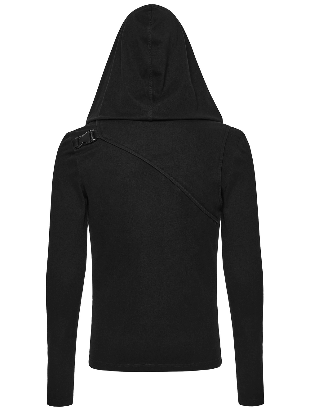Men's Asymmetric Hoodie with Zipper and Buckle Details, back view showcasing unique strap design and large hood.