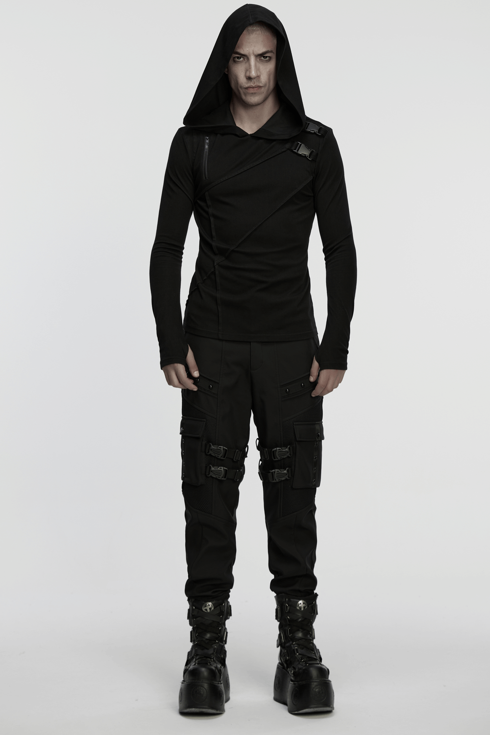 Men's Asymmetric Hoodie with Zipper and Buckle Details worn by a model in a black outfit, showcasing cyberpunk style.
