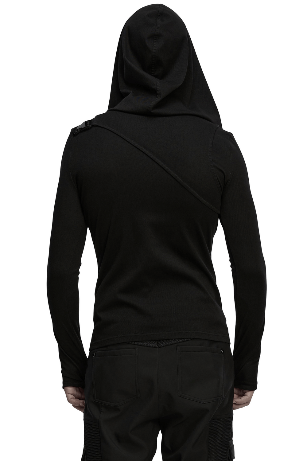 Men's Asymmetric Hoodie with Zipper and Buckle Details from the back view, showcasing the unique design and hood.