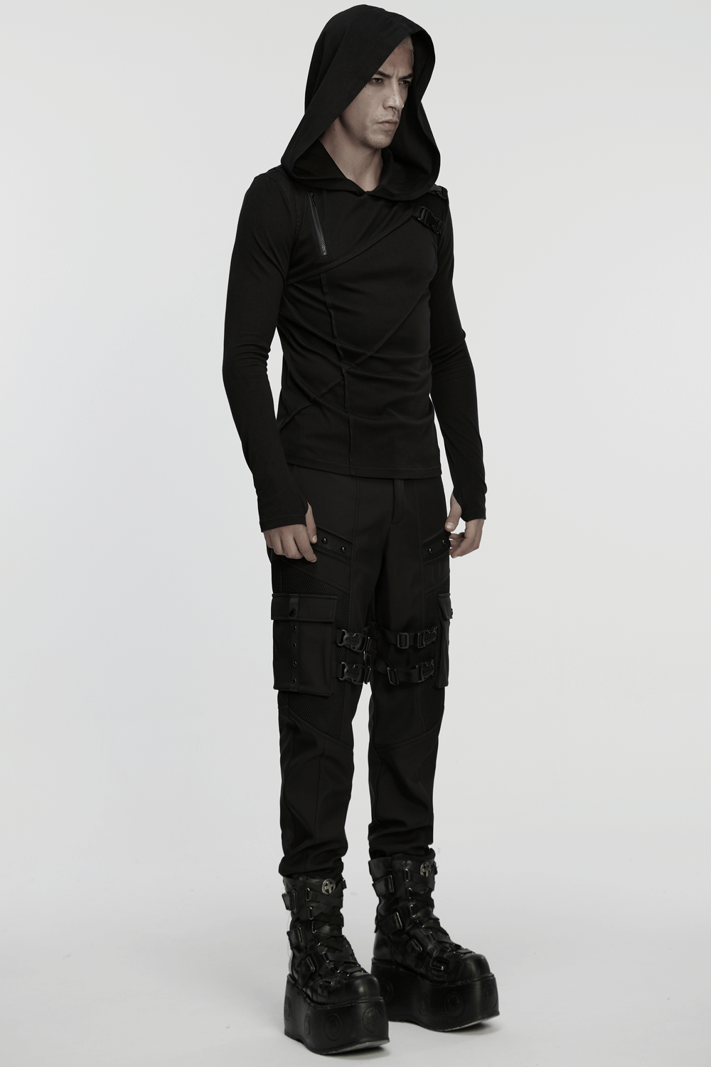Men's Asymmetric Hoodie with Zipper and Buckle Details worn by model showcasing its edgy design and layered look.