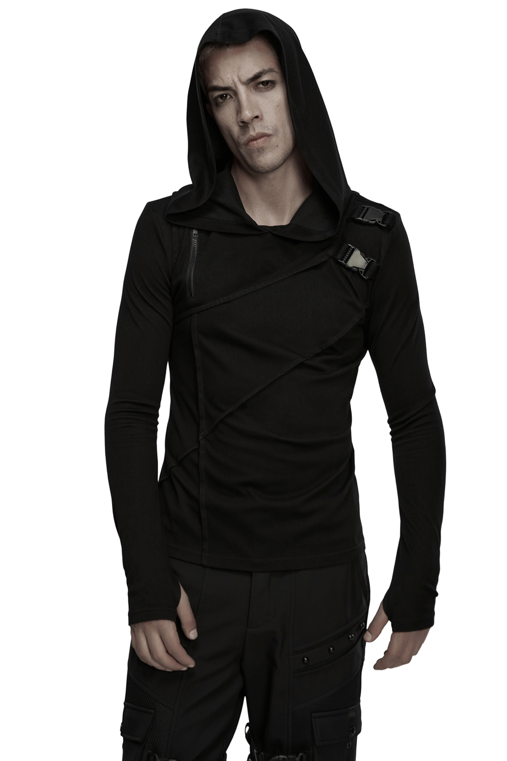 Men's Asymmetric Hoodie with Zipper and Buckle Details showcasing a cyberpunk design and layered look.