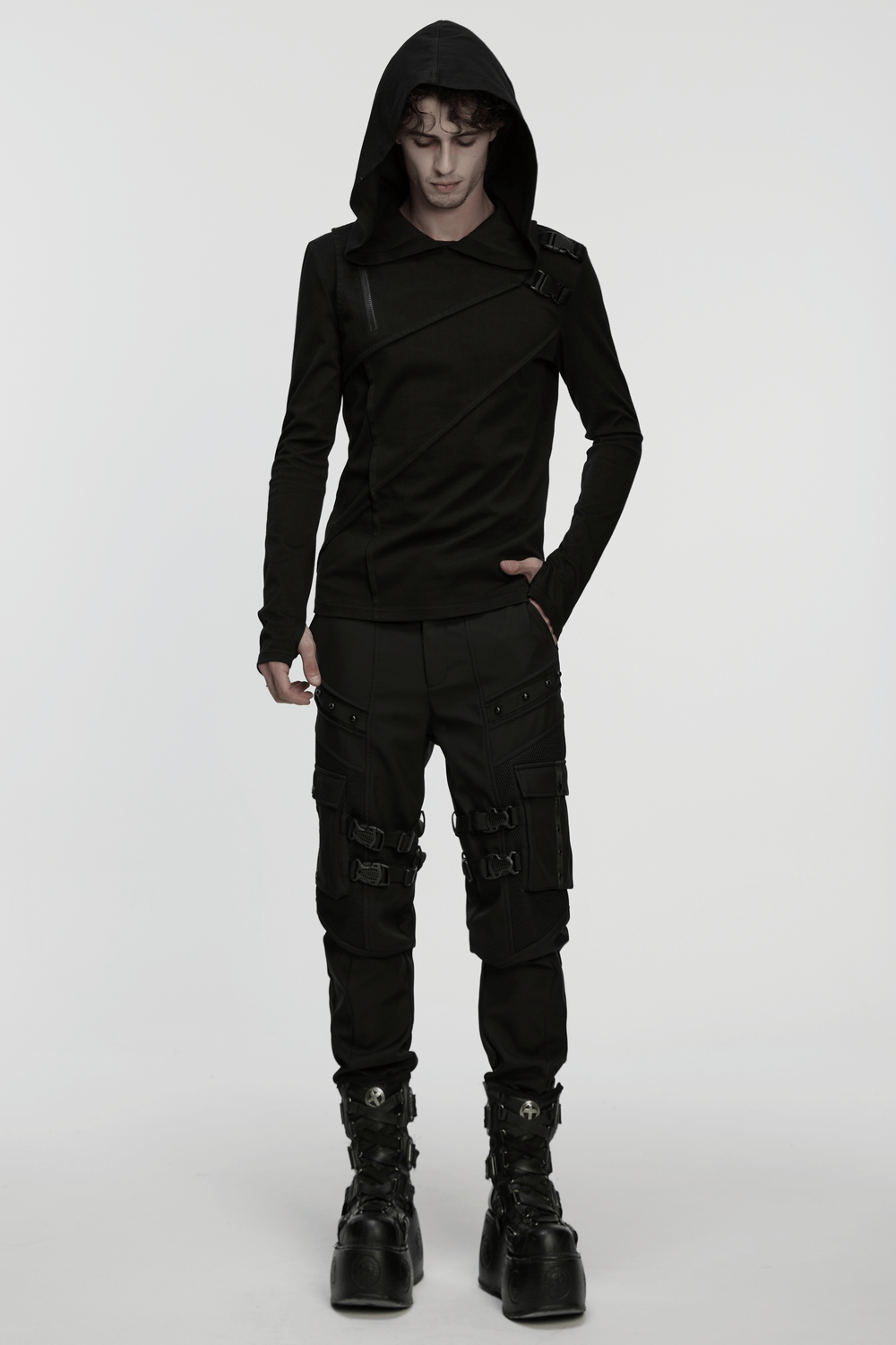 Men's Asymmetric Hoodie with Zipper and Buckle Details worn by a model in black attire.