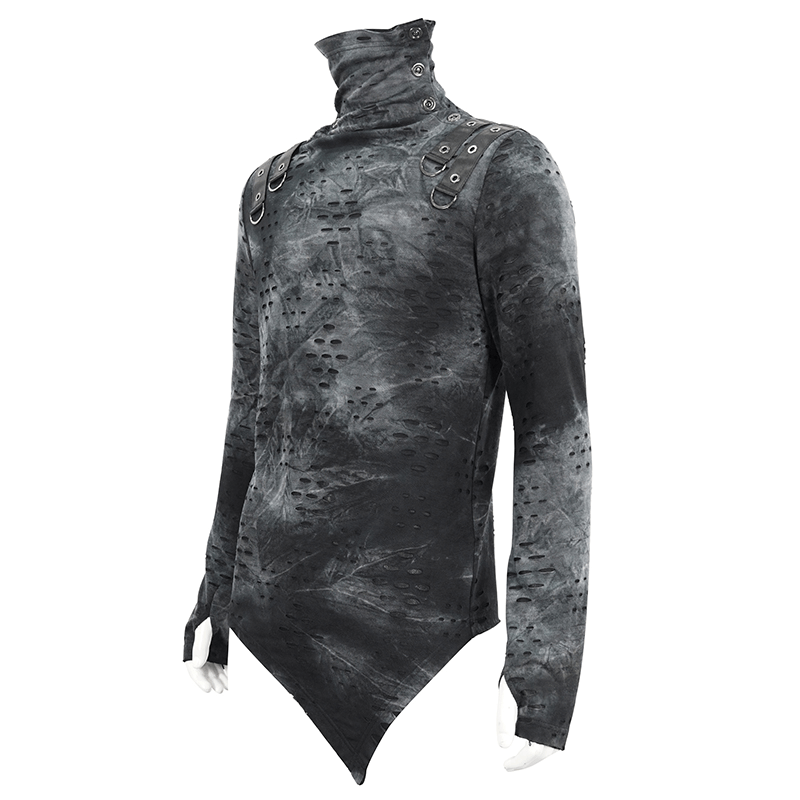 Men's asymmetrical textured top with high neck and buckles in black, showcasing alternative fashion style.