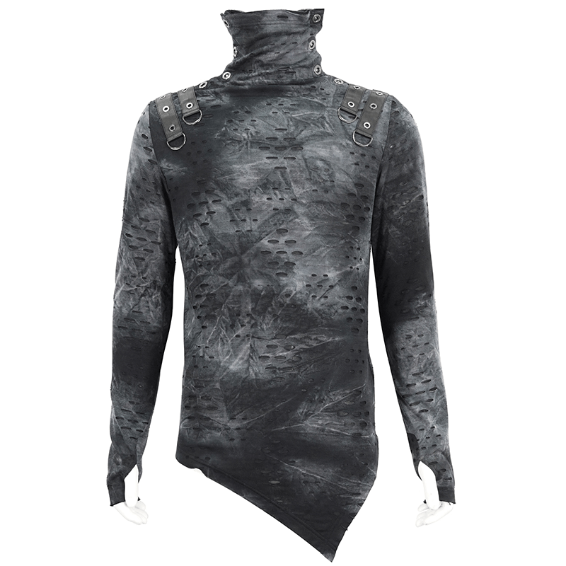 Men's Asymmetrical Textured Top with High Neck and Buckles - HARD'N'HEAVY