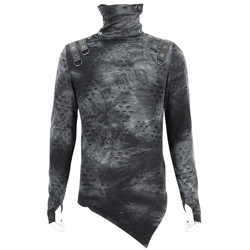 Men's asymmetrical textured top in black with high neck and adjustable buckles for a unique alternative fashion look.