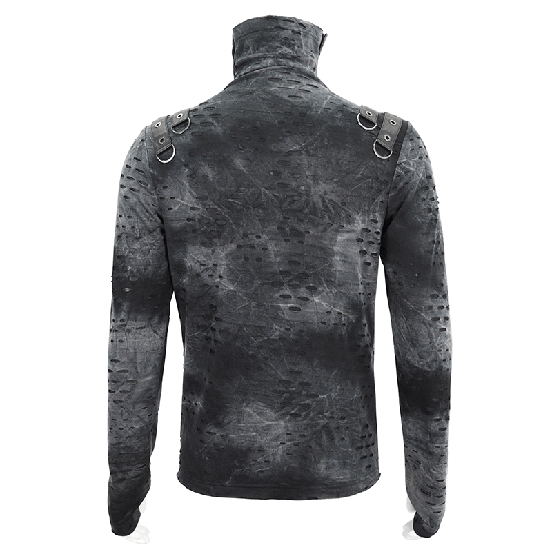 Men's asymmetrical textured top in black with high neck and adjustable buckles, showcasing an edgy back design.