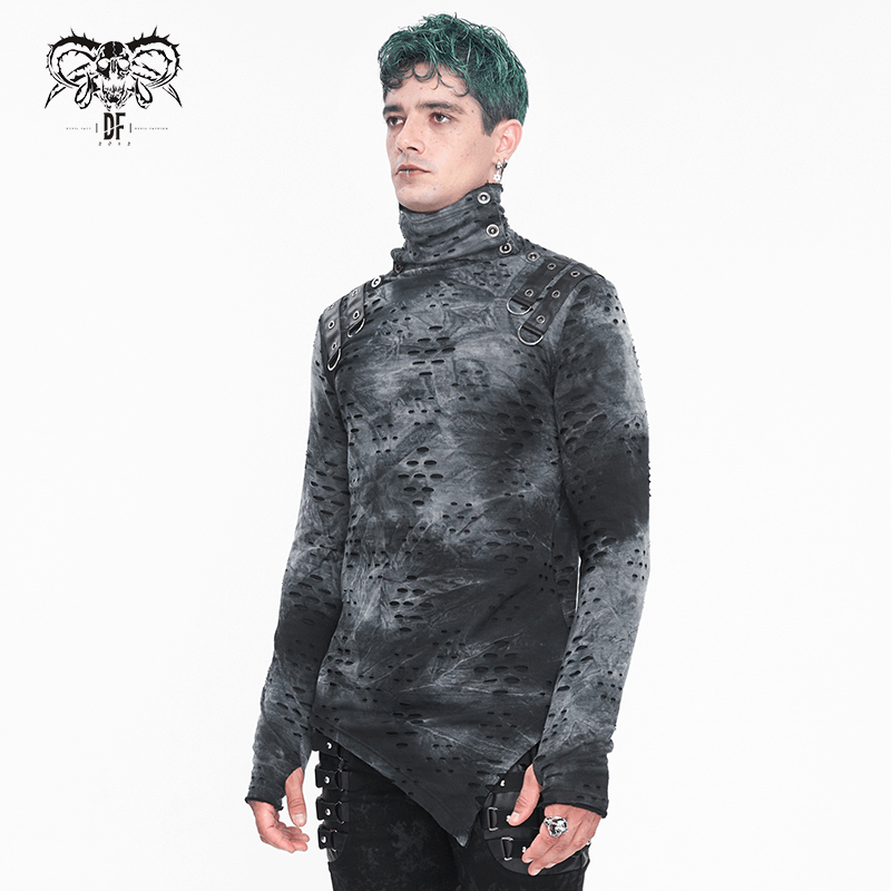 Men's asymmetrical textured top with high neck and buckles, embodying edgy alternative fashion.