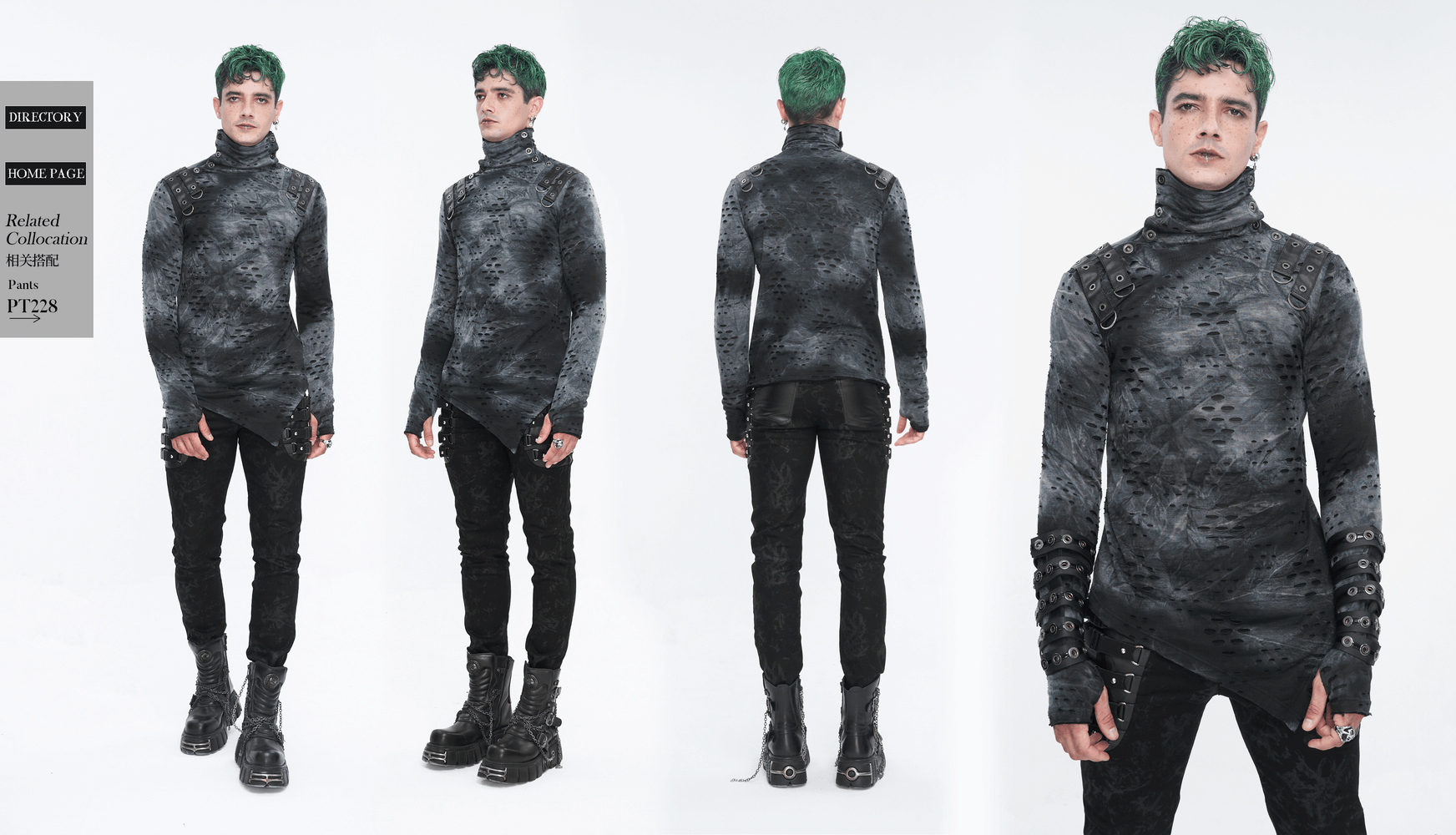 Men's asymmetrical textured top with high neck and buckles, showcasing alternative fashion style.