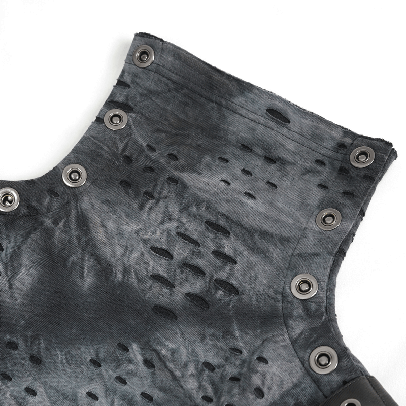 Close-up of Rogue Edge men's asymmetrical textured top with unique fabric and adjustable buckles.