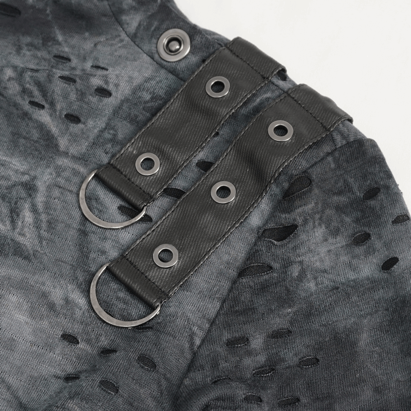 Close-up of men's asymmetrical textured top with black buckles and unique cut-out design, showcasing alternative fashion style.
