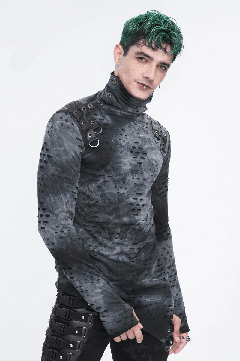 Men's asymmetrical textured top with high neck and buckles, showcasing edgy alternative fashion.